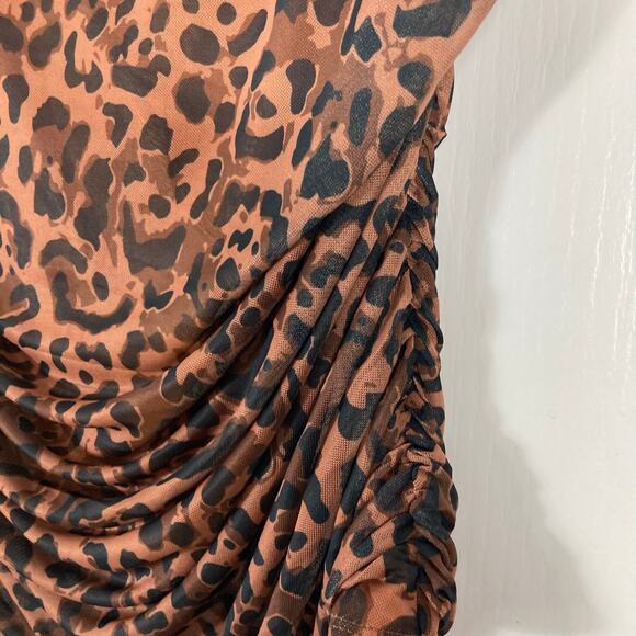 NWOT VENUS Blouse 1X Brown Animal Print Square Neck Ruched Long Sleeve Lined Zip - Picture 7 of 13
